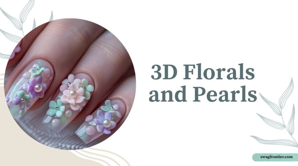 Pastel 3D floral nail art featuring glittery translucent nails adorned with lavender, pink, and mint flower embellishments and pearl accents.