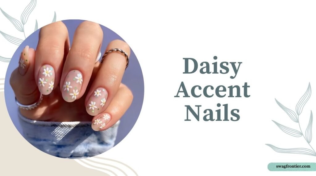 Nude pink nails decorated with delicate white daisy flowers and pastel accents for a soft, elegant floral manicure.