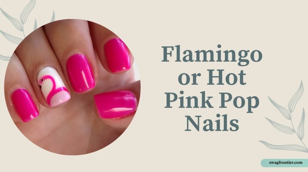 Hot pink manicure with a white accent nail featuring a cute flamingo design, creating a vibrant summer nail art look.