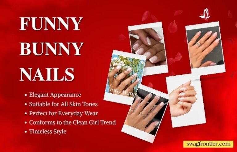 Funny bunny nails design collage featuring soft pink and nude manicure ideas for a clean girl aesthetic