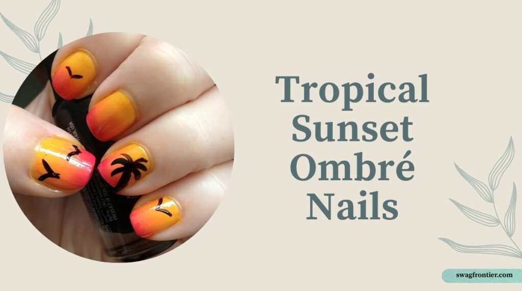 Tropical sunset ombré nails featuring a vibrant yellow-to-orange-to-pink gradient with black palm tree and bird silhouettes.