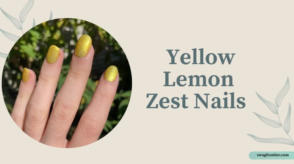 Yellow lemon zest nails featuring bright yellow glitter polish with a sparkling finish, perfect for cheerful summer nail looks.